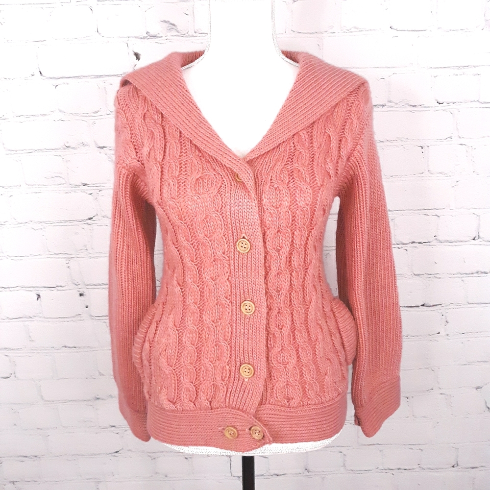 VINTAGE Wmns Pink Cabled Sailor Collar Cardigan S